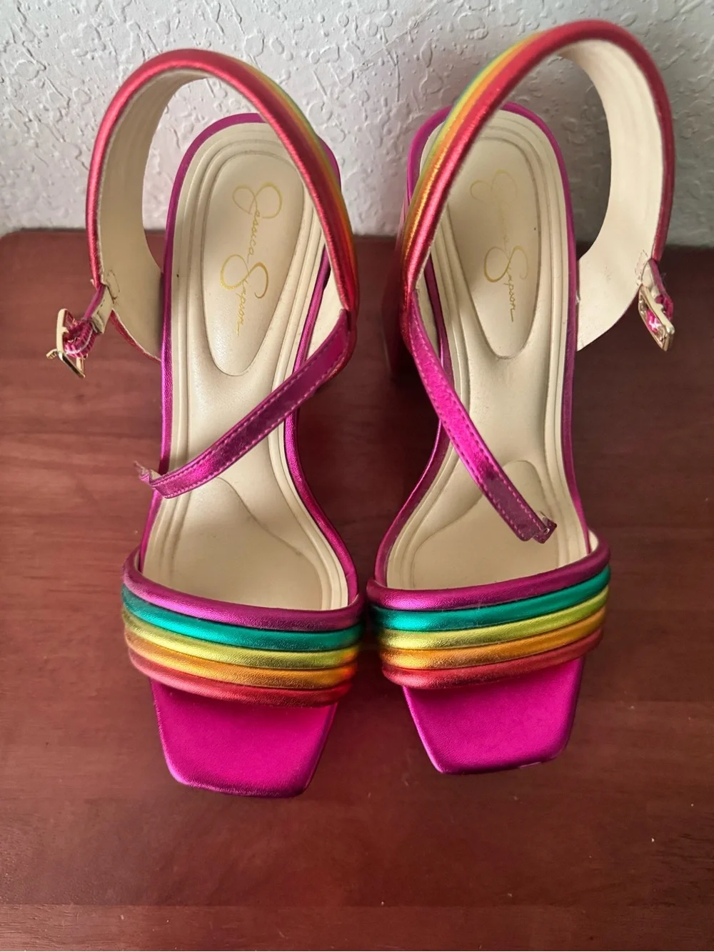Jessica Simpson Pink Satin Platform Sandals with Rainbow Straps